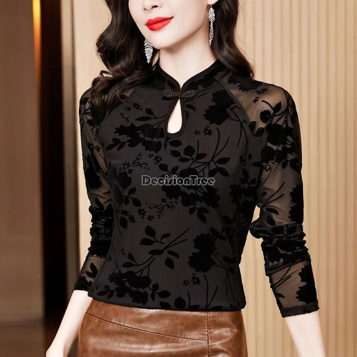 2024 new retro chinese style improved cheongsam top sexy hollow out lace printing blouse elegant lady party versatile slim top