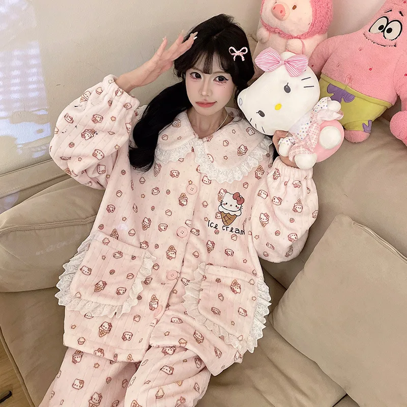 

Осенне-зимний фланелевой пижамный комплект Hello Kitty с героями мультфильмов из 2 предметов для женщин, милый бархатный теплый кардиган для девочек, одежда для отдыха с длинными рукавами