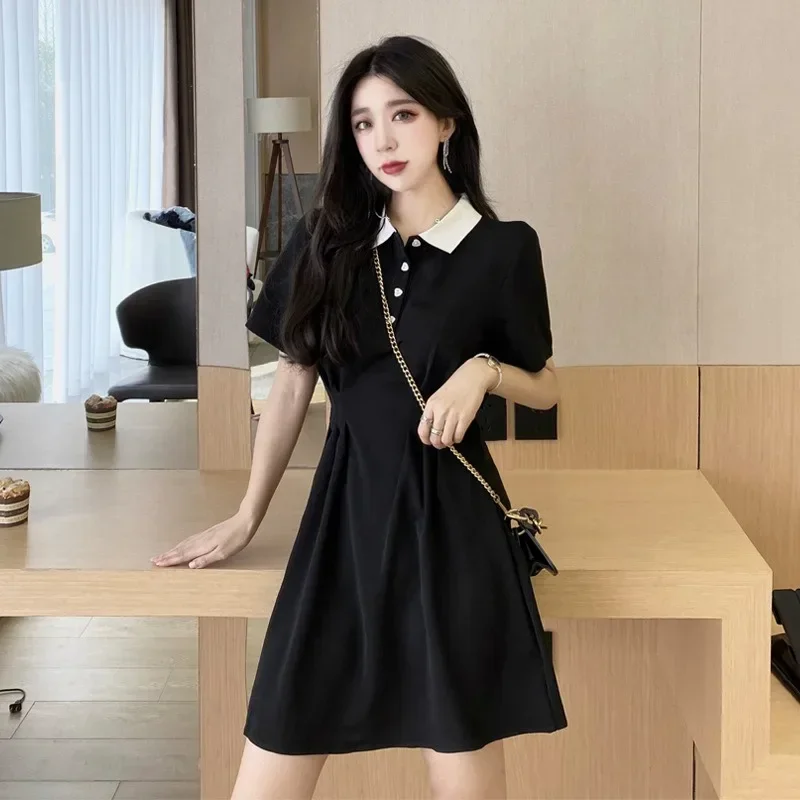 

Mini Shirt Dress Women Summer Short Sleeve Polo Dresses French Elegant High Waist Preppy Vestidos Korean A-line Robe Платье 원피스