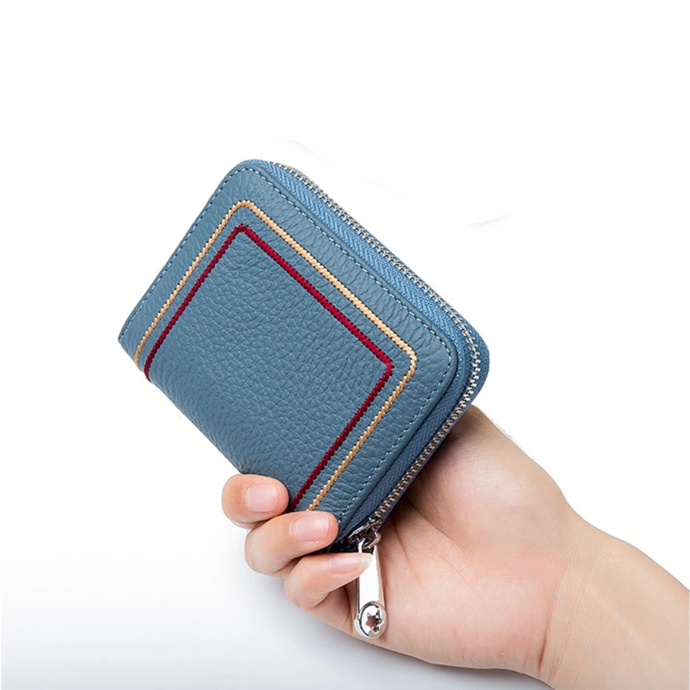 

Genuine Leather Embroidered Card Bag Multi Position RFID Mini Card Bag Simple Soft Leather Zero Purse Coin Bag