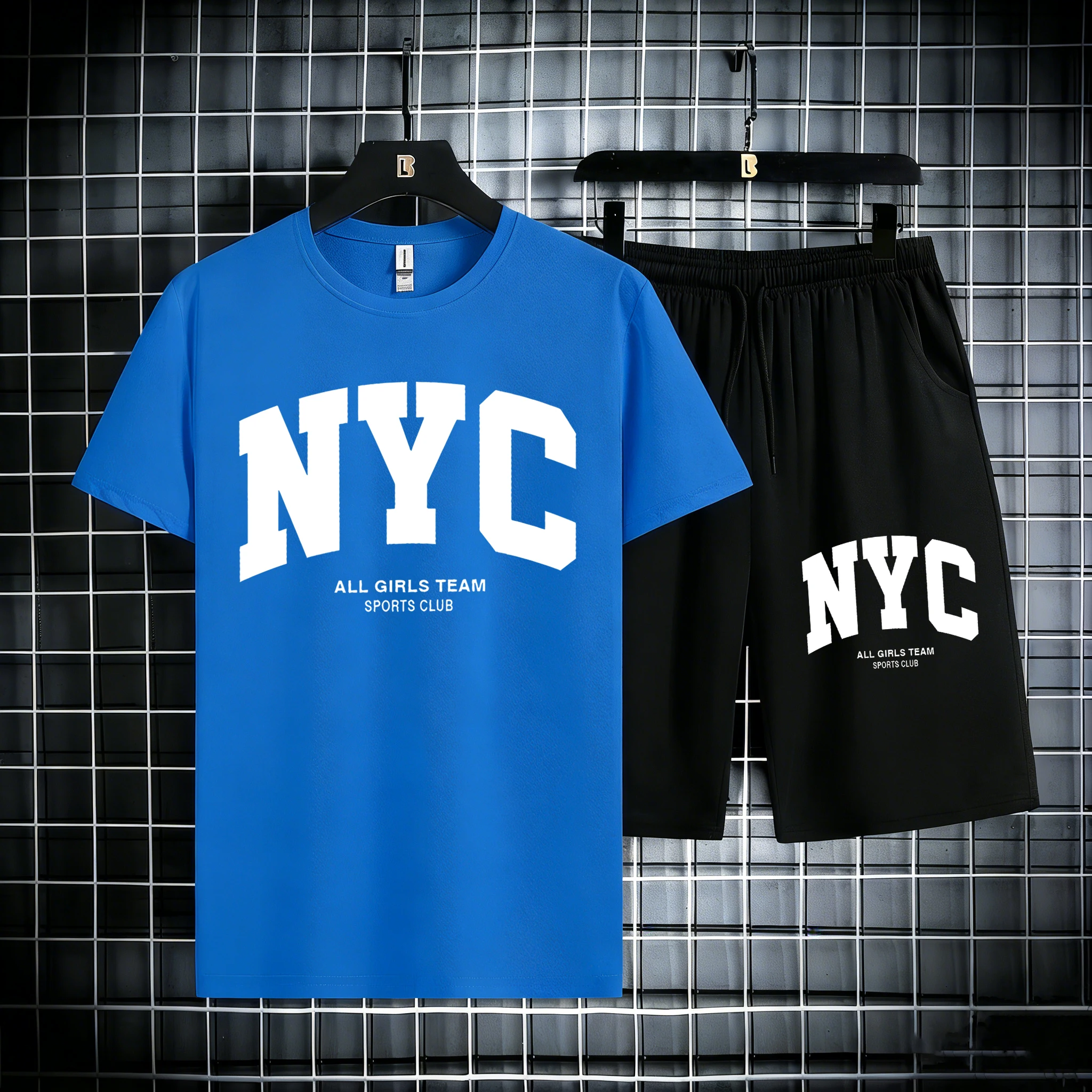 

New York City Letter Eye-Catching Printing Man'S Summer Cotton Running Short Sleeve Set Drawstring Sport Pants New Soft Tees
