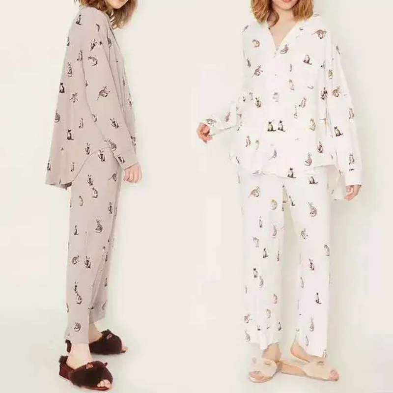 Kuzuwata V Neck Long Sleeve Cat Print Single-breasted Top Pajama Sets+high Waist Pant Sleepwear JAPAN Casual Home Wear Underwear