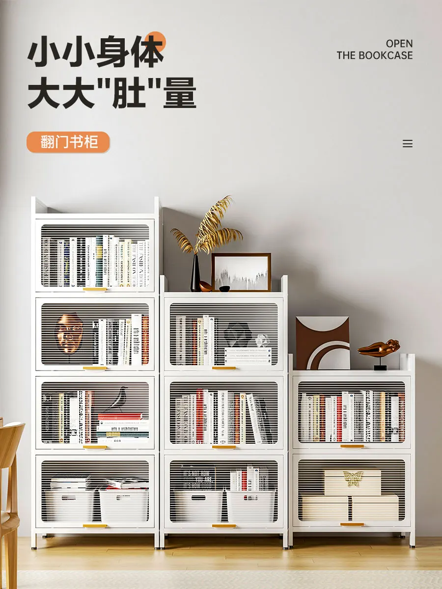 Steel Bookshelf Household,crack bookcase dust-proof locker shelf floor-to-floor living room with door study wrought iron