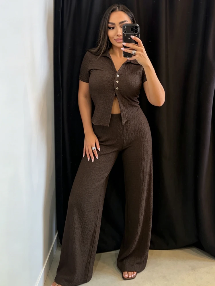 Women's Suit Casual Straight Leg Pants Suit Summer Female Brown Textured Pants Sets 2 Piece Sets Women Outfits New Matching Sets