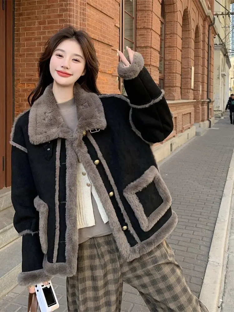 Bla Lamb Fur Jaet المرأة الشتاء Thiened تصميم فضفاض عالية الياقة ملابس قطنية عادية Sle طويلة Sve زر إغلاق #1