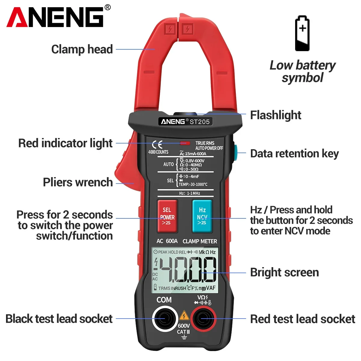 Imagem -05 - Aneng St205 Digital Elétrico Profissional Alicate Medidor dc ac Multímetro Grampo de Corrente Ferramenta Inteligente Automática de Teste de Tensão Alicate Amperímetro True Rms Resistência Ncv Mini Braçadeira Metros