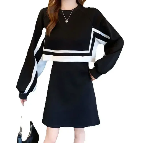 여성용 중간 길이 페이크 투피스 원피스 용수철, 플러스 사이즈 대비색, 허리 조임, 분위기 있는 원피스, 가을