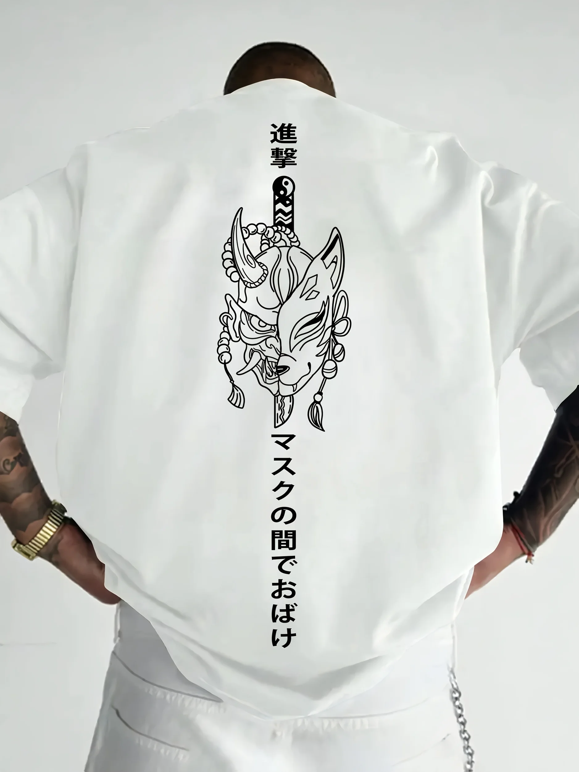 Herren Japanische Hannya Kitsune Maske Rückendruck T-Shirt Vertikaler Kanji Samurai Schwert Grafik Kurzarm Tee Harajuku Baumwoll-Oberteil