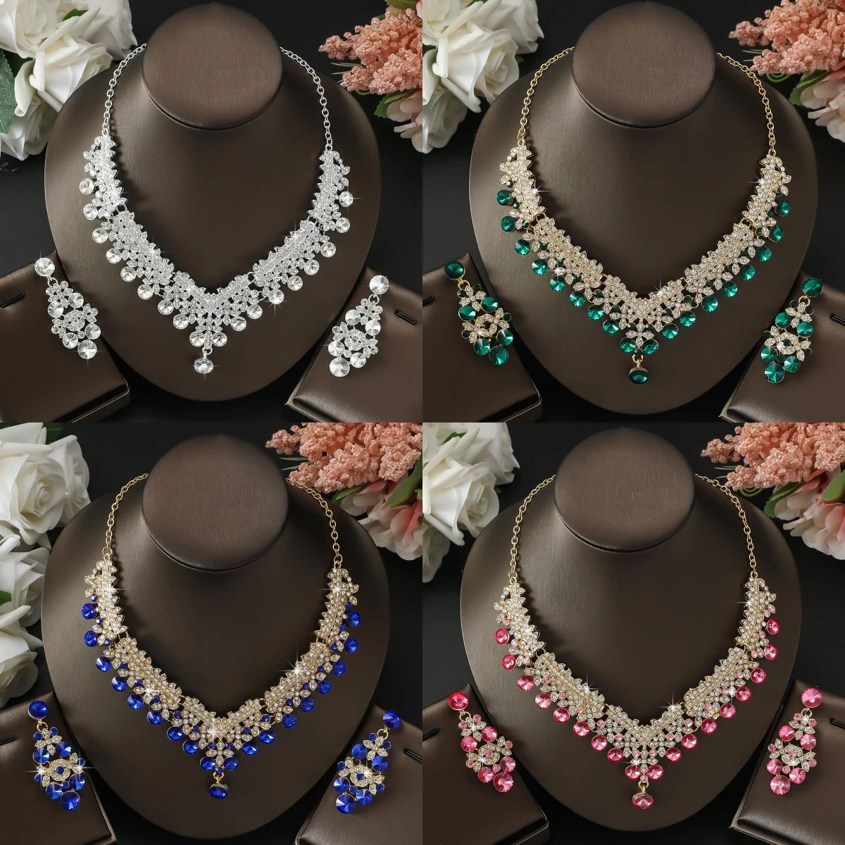 French court classical dazzling luxury exquisite necklace, earring jewelry set, wedding dress accessories for women
