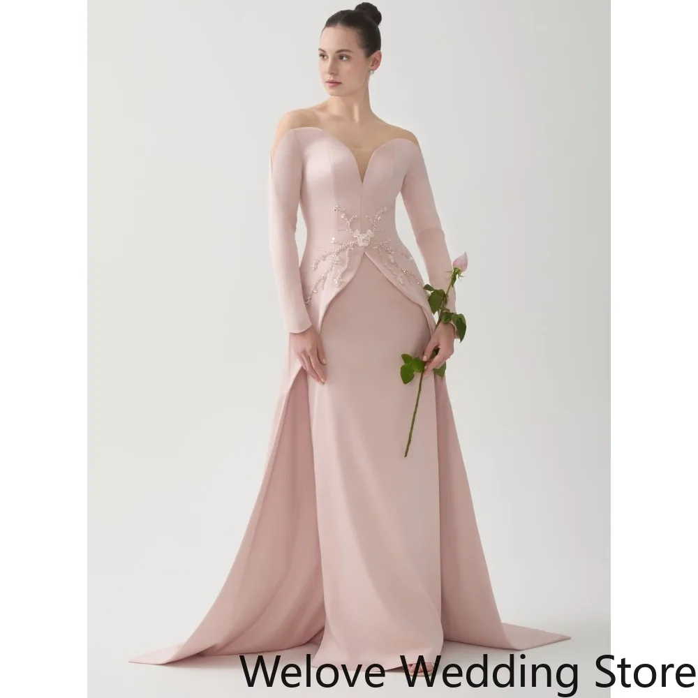 Elegant Formal Evening Dress with Off‑Shoulder Sweetheart Neckline, Long Sleeves, Hand‑Beaded Floral Embellishments on Waist