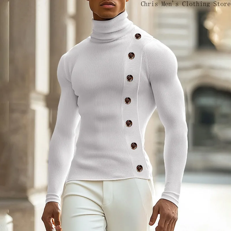 

Autumn and Winter Street Fashion Casual Button Men's Hoodie, Fashion Brand Charm Slim Knit Men's High-neck T-shirt, Base Shirt