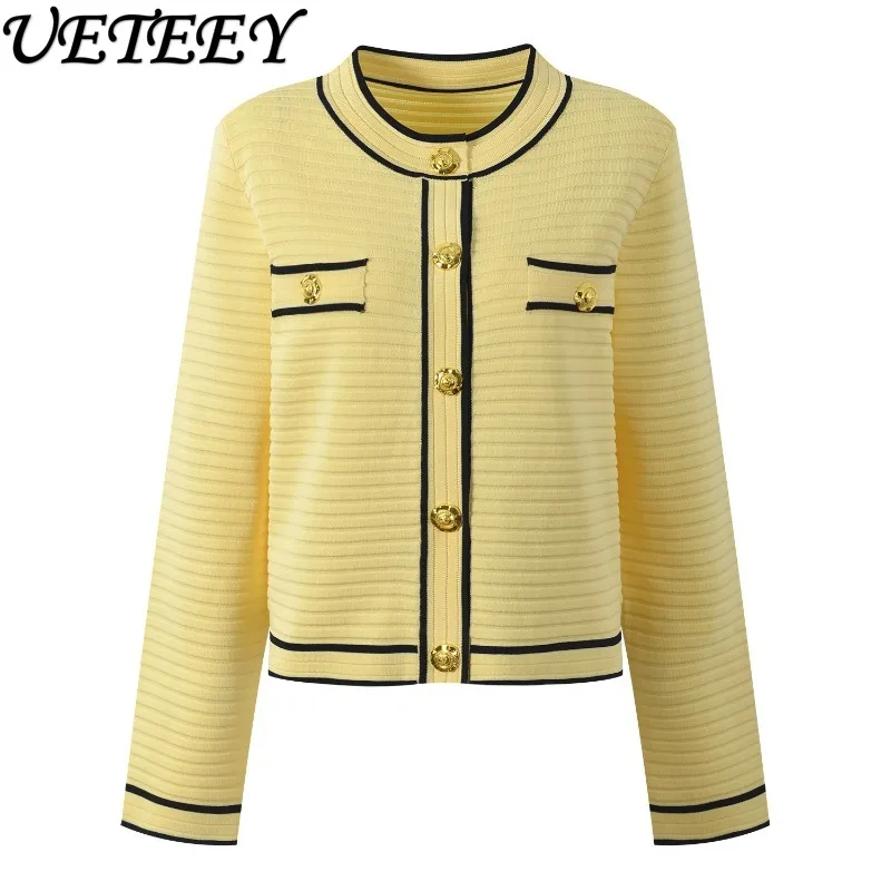

2025 Autumn New French Style Round Neck Metal Button Striped Long Sleeve Cardigan Elegant Fashion Short Knitted Top Sweater