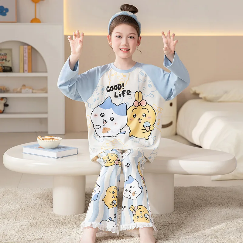 

Girls Pure Cotton Pajamas Suit Cartoon Chiikawa Usagi Cute Female Spring Autumn Comfortable Sweet Round Neck Lounge Clothes Suit