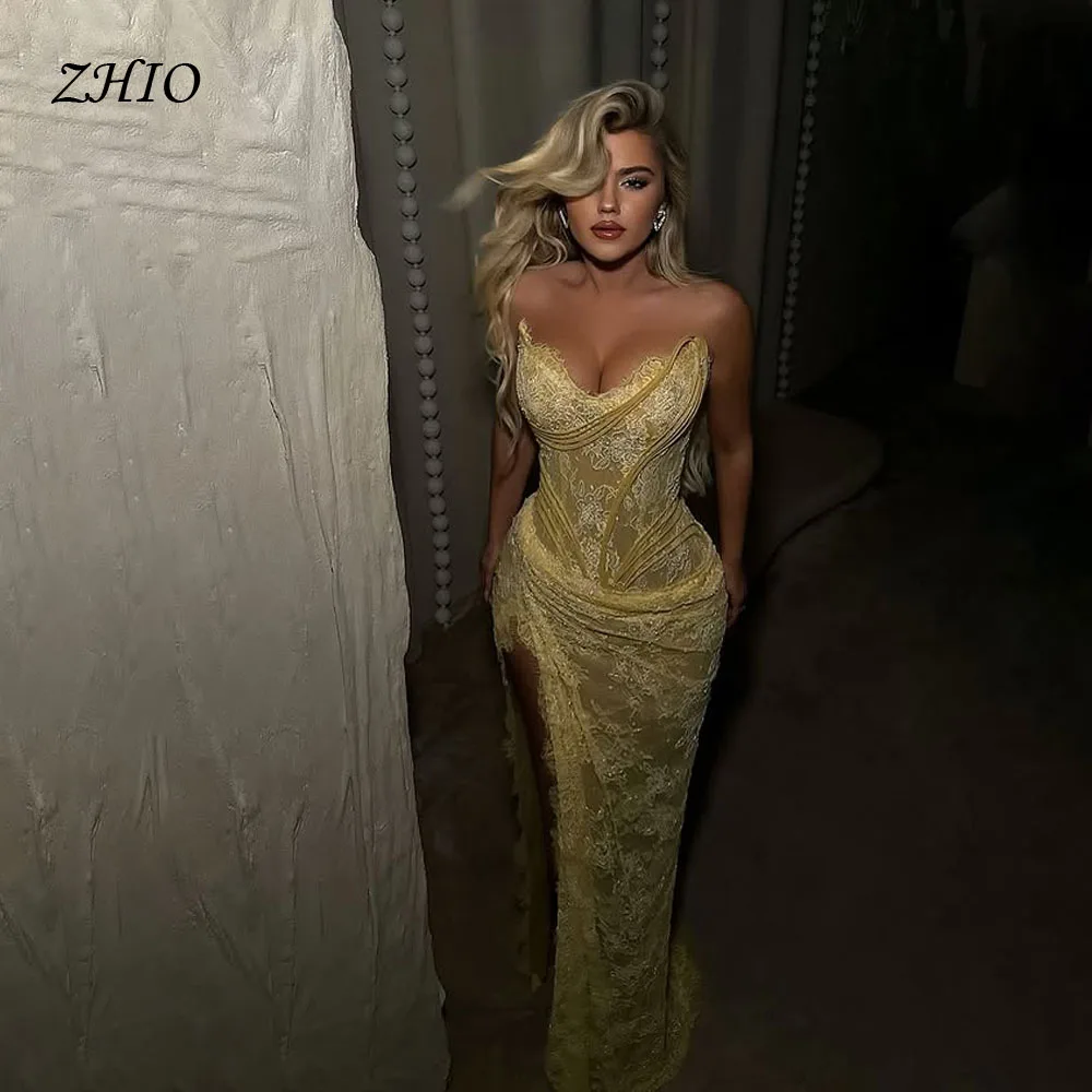

ZHIO Sparkly Yellow Lace Mermaid Evening Dresses Sweetheart Sleeveless High Side Split Prom Gowns Customized فساتين
