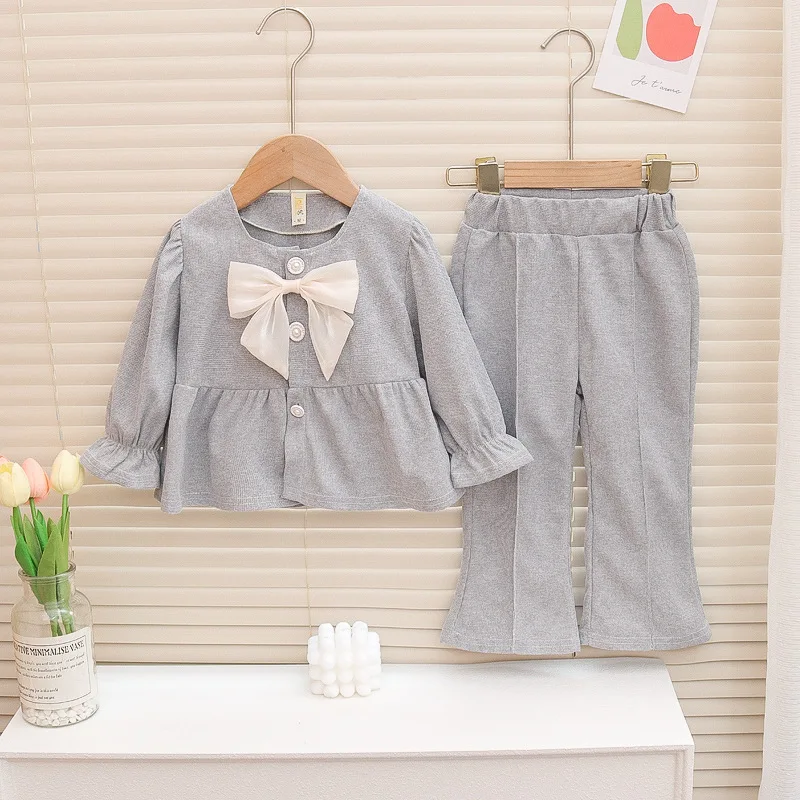 

Girls Bowtie Sets Kids Square Neck Long Sleeve Long Pants 2 Piece Autumn New Children's Fashion Casual Solid Color Suit 12M-4Y