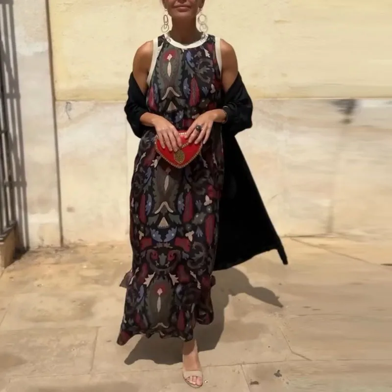 Set da 2 pezzi Boho con stampa etnica retrò per donna, abito lungo senza maniche con scollo a O e cardigan lungo, abiti da vacanza primaverili autunnali