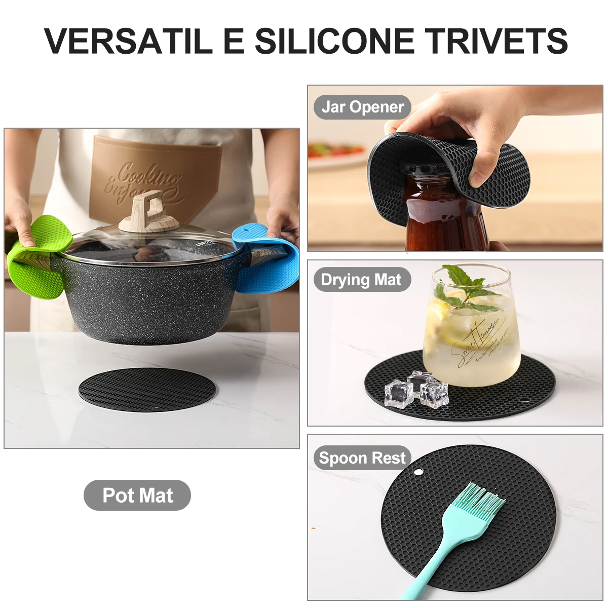 6pcs-7.1Inch-18cm，Black round silicone heat pad thickened, BPA-free, high temperature resistant, easy to clean, dishwasher safe