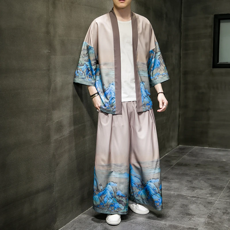 Kimono Cardigan Suit Men Japanese Summer Trousers Set Yukata Men\'s Haori Obi Japanese Wave Print Coat Traditional Japan Clothing