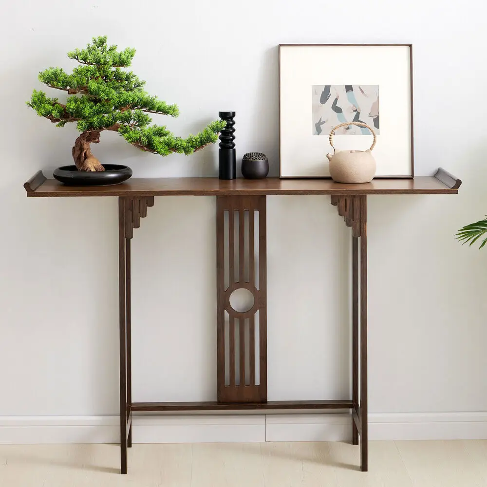 2-Layer Vintage Console Table Sofa Side Table Entryway Table Bamboo Shelf New