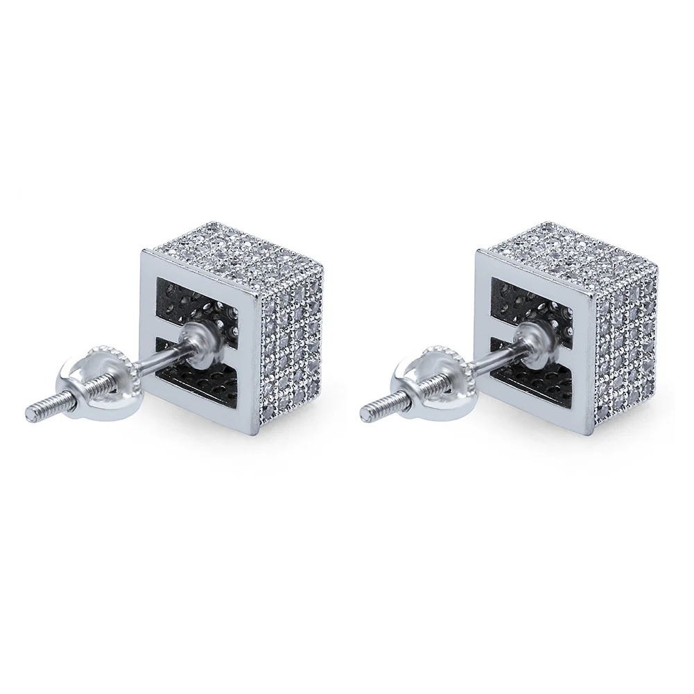 TOPGRILLZ Gold Silver Color Iced Out Cubic Zircon 8mm Square Stud Earring Men Women Trend Jewelry Gifts With Screw Back Buckle