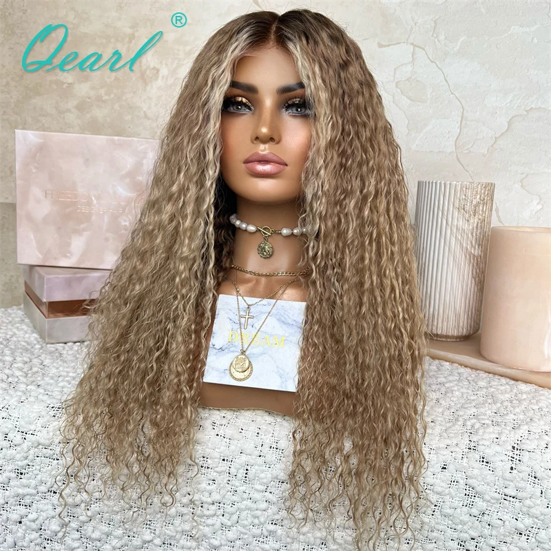 

Curly Human Hair Wig Light Brown Blonde Highlights HD Full Lace Wigs Pre Plucked 13x6 Women Virgin Hairs Lace Frontal Wig Qearl