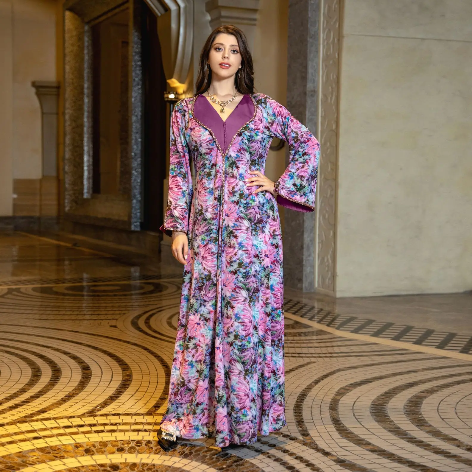 Muslim Moroccan Kaftan Dresses for Women 2024 Spring Luxury Diamond Printed Abaya Evening Party Wear Ramadan Spring Clothing