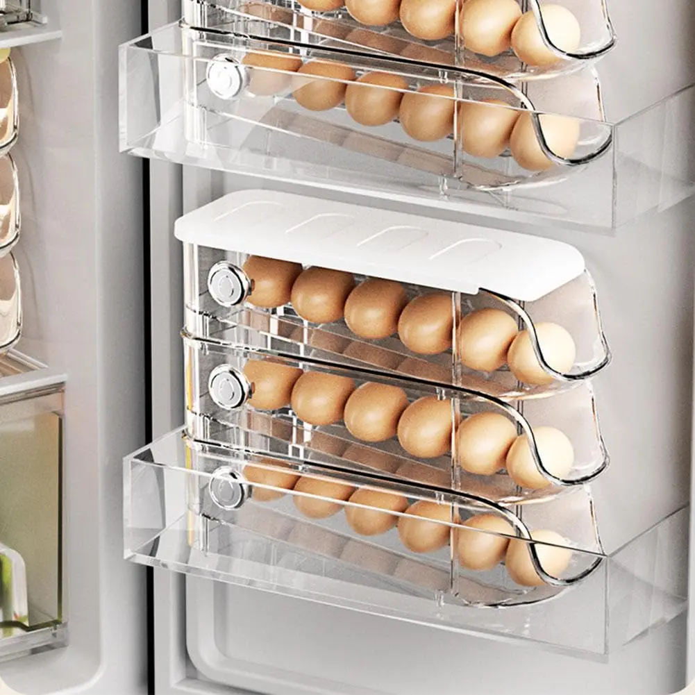 Clear Egg Tray Organizer for Refrigerator Egg Holder Auto-Scrolling Egg Storage Container Dispenser for Refridge with Lid