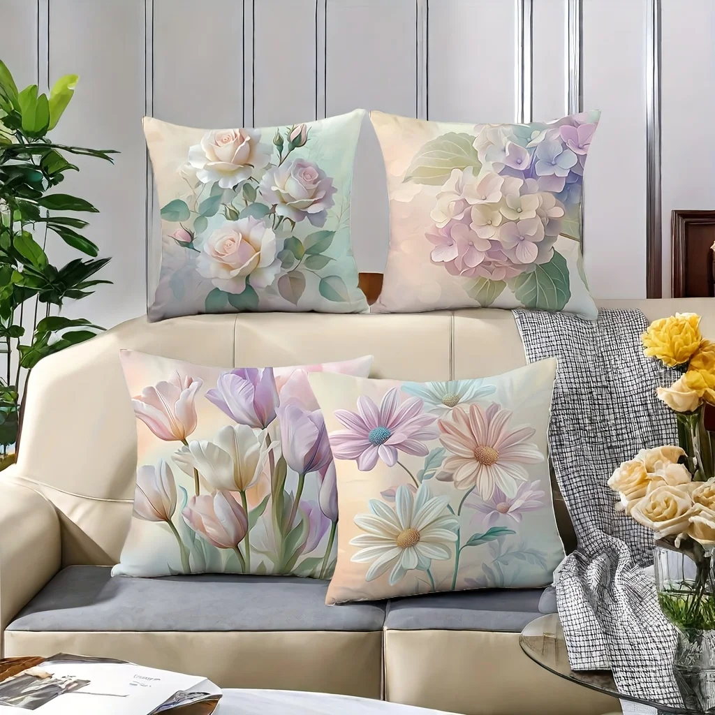 4pcs Pastel Floral Throw Pillow Covers, Soft Watercolor Rose Hydrangea Tulip Daisy Print Cushion Cases, Spring Botanical Decor