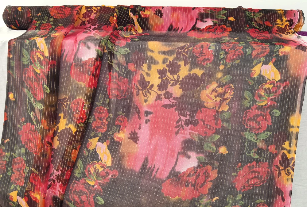 50cm*114cm Romantic Rose Print Silk Crepe Chiffon Fabric Metallic Style Summer clothing Material