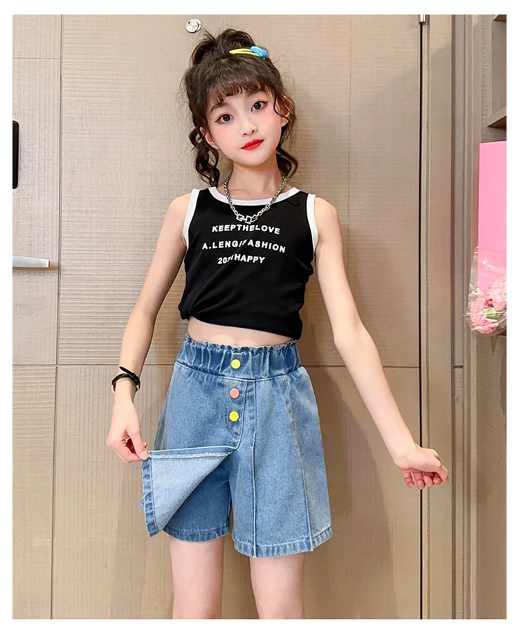 Neue Sommer-Jeansshorts für Kinder, Unterrock für Teenager-Mädchen, Lässiger Rock mit Shorts, Bunte Jeans-Culottes mit Knöpfen für Kinder – Detail 6