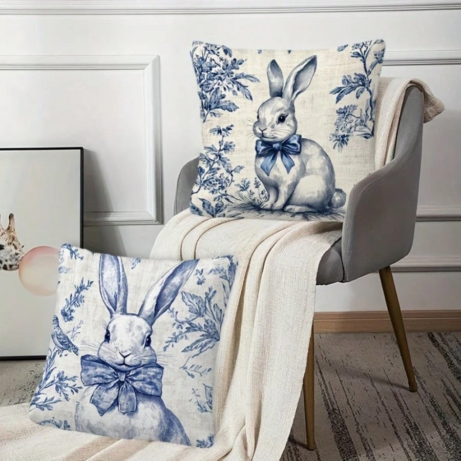 2pcs Easter Blue Bunny Pillow Cover, Polyester 2D Double-Sided Print, Soft Square Cushion Case for Sofa & Bedroom Festival Gift