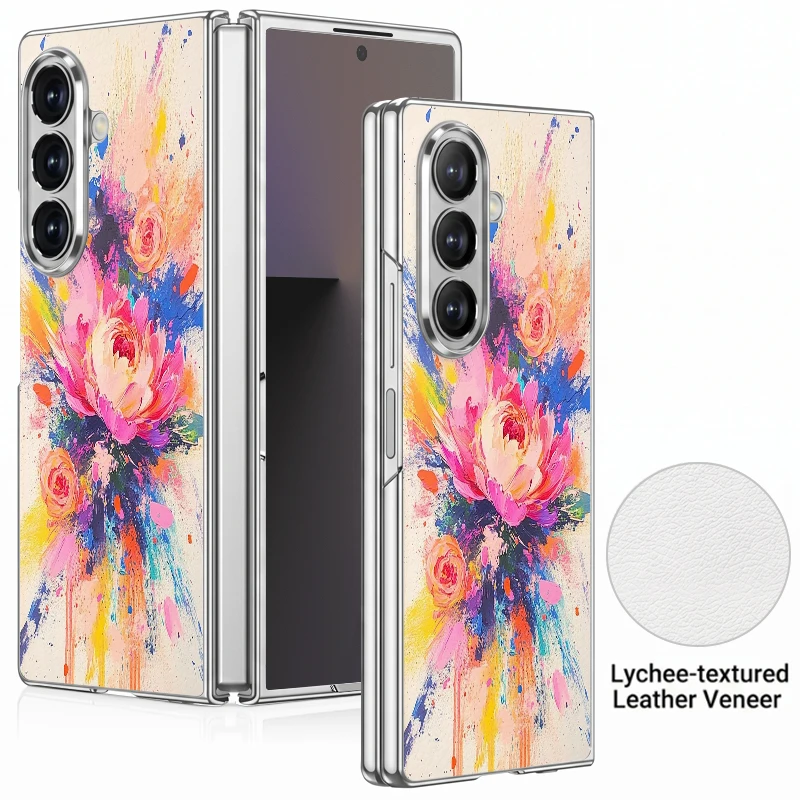 

Artistic Flower Pattern PU Leather Phone Case For Samsung Galaxy Z Fold 7 6 5 Fold7 Fold6 Fold5 Plating Frame Hard Folding Cover