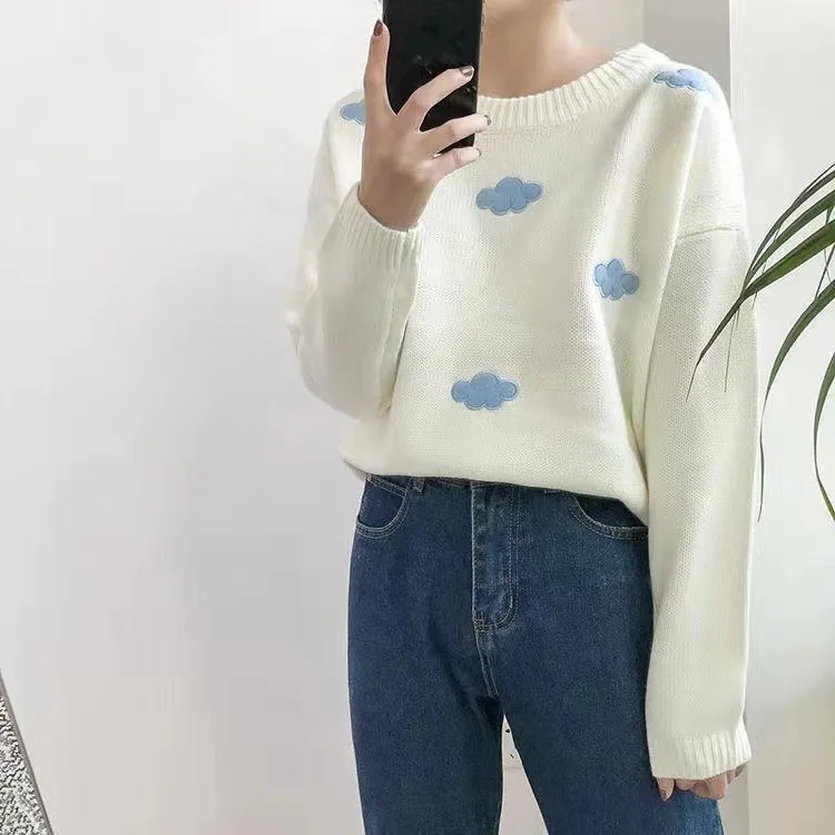 

Women's Sweater 2025 Autumn/winter New Women's Korean Round Neck Loose Sweater Cute Cloud Knitted Sweater Women's Top
