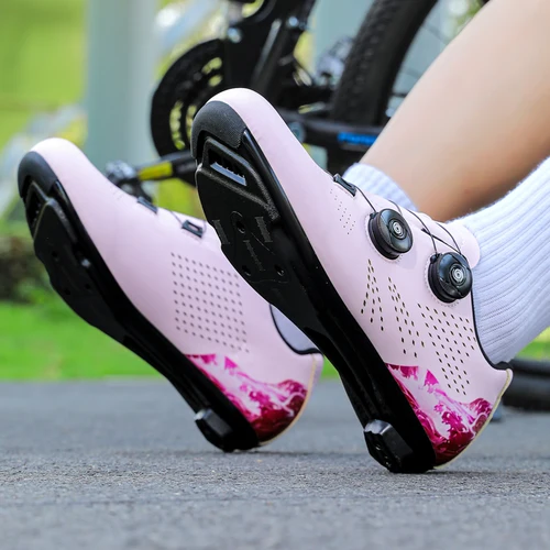 Imagen 2 del producto Zapatos de ciclismo de carretera para hombre, zapatillas de deporte de ciclismo de velocidad, zapatos con tacos Spd, zapatos de Pedal plano para ciclismo, calzado para exteriores con autosujeción, blanco