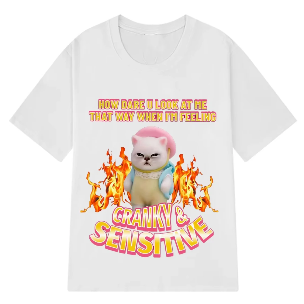 Cranky Kitty Funny Cat Meme T-shirt Men's Women Aesthetic Trend T-shirts Short-sleeved Casual Cotton Oversized Vintage T-shirts
