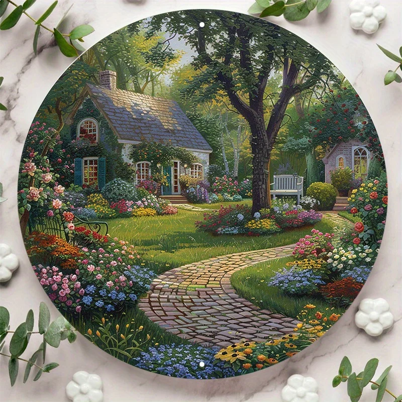 8 x 8 Zoll/20 x 20 cm großes Aluminium-Metallschild: Ein bezaubernder Hüttengarten mit blühenden Blumen – künstlerische Wanddekoration
