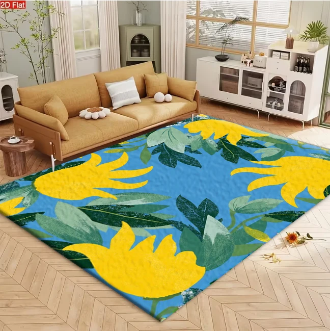 Bright Blue Background Yellow Tropical Floral Leaf carpet flooring, Modern Exotic Jungle Plant Print Area Rug for Living Room Bedroom Home Decor