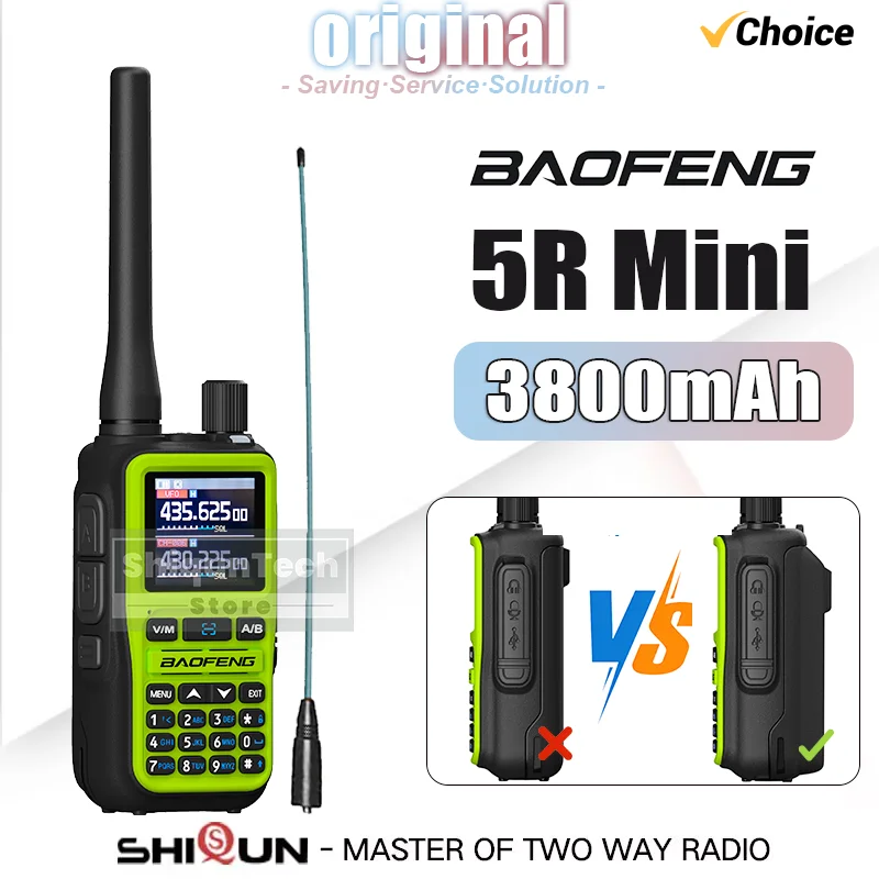 3800mAh Thicker Battery Baofeng 5R Mini Walkie Talkie Green Color Bluetooth APP Programming Dual PTT Type-C Charger AM FM Radios