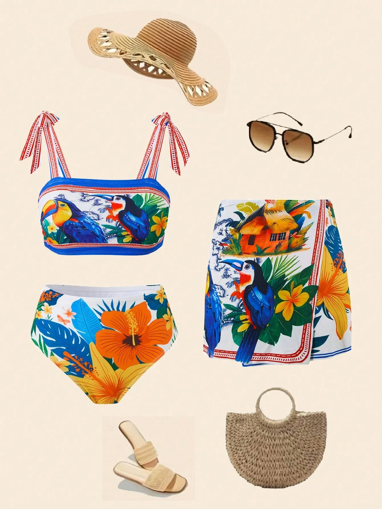 

Tropical Print Halter Top With High Waist Bikini Bottom And Skirt Set For Women