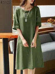 2024 ZANZEA Summer O Neck Half Sleeve Sundress Women Vintage Solid Cotton Dress Robe Femme Casual Loose Beach Vestido Kaftan