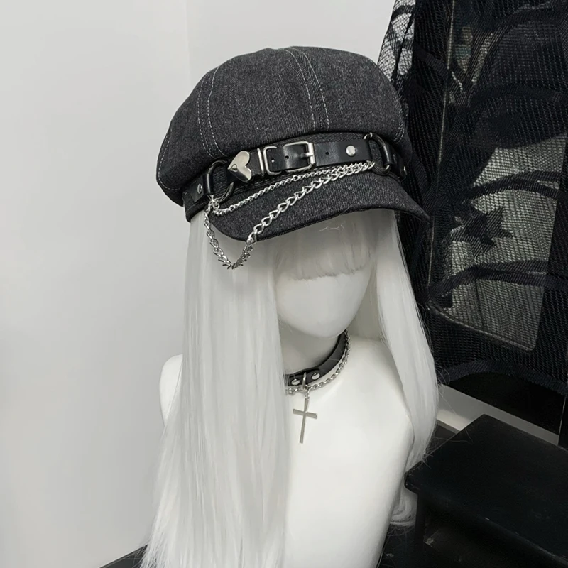 

Cool Sweet Chain Metal Beret Hat Japanese Original Subculture Denim Grey Punk Rock Y2K Painter Cap Trendy Hip Hop Style Hats
