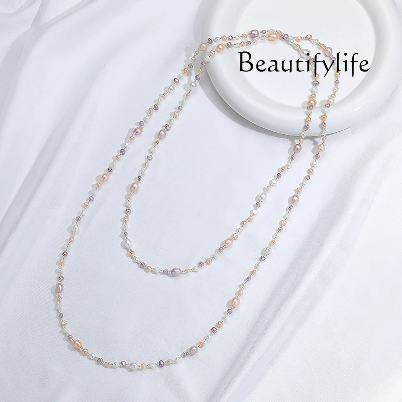 Natural pearl sweater chain simple versatile mixed color millet beads special-shaped long multi-circle neck chain women