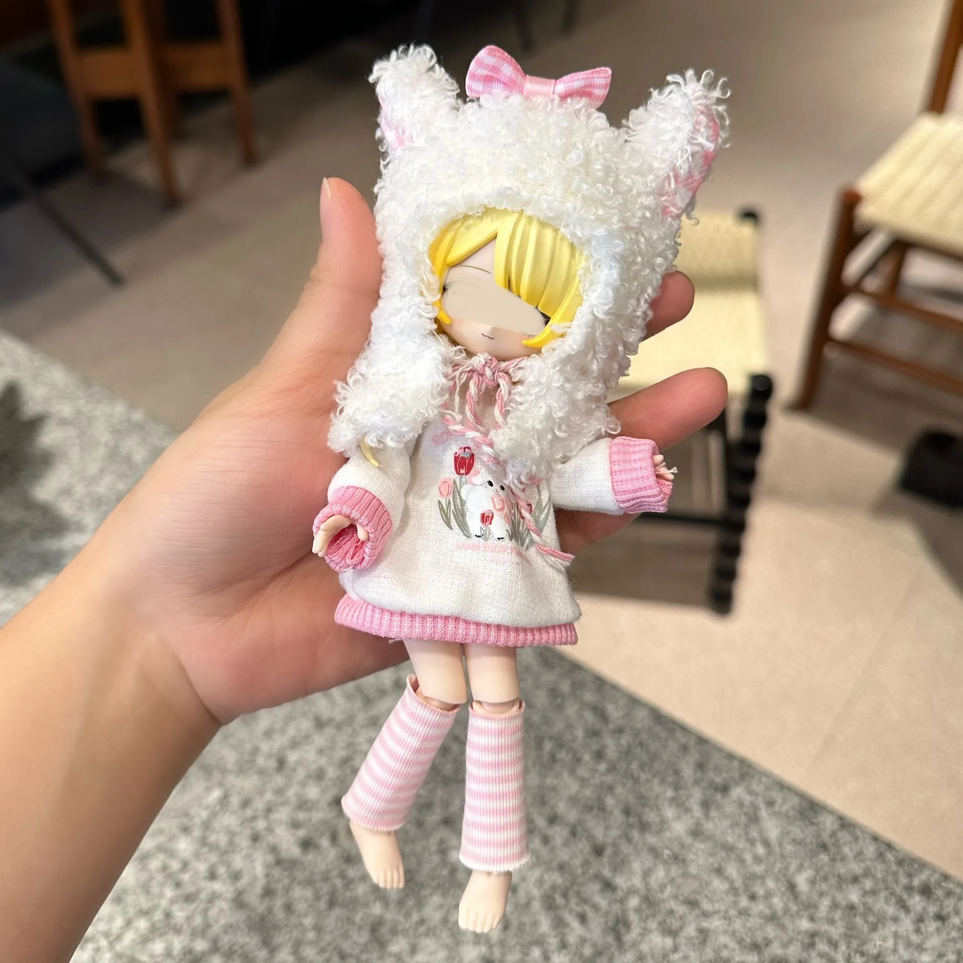 卸売bjdドール服ob11-8インチ12インチ猫柄セーターストライプフード付きソックスセット11〜17cmドールボニーバニー対応