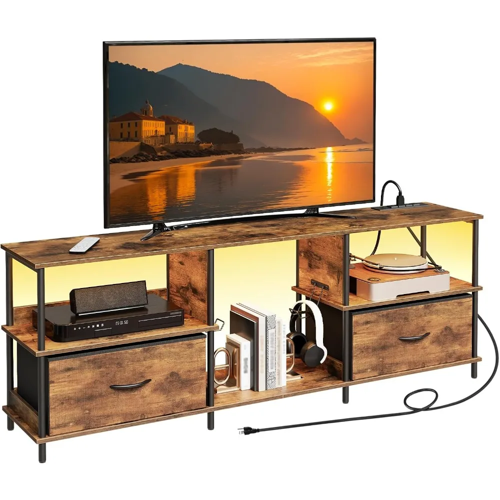 

LED TV Stand with Charging Station and 2 Fabric Drawers,TV Console Table with Open Storage Shelf, for Living Room,Rustic Brown