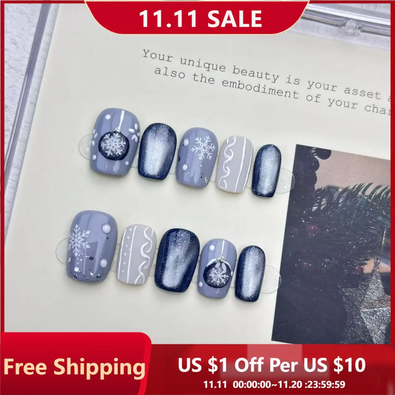 

10 шт., пресс для ногтей ручной работы, рождественский замороженный синий кошачий глаз, полное покрытие, типсы для ногтей для женщин и девочек, съемный носимый дизайн ногтей