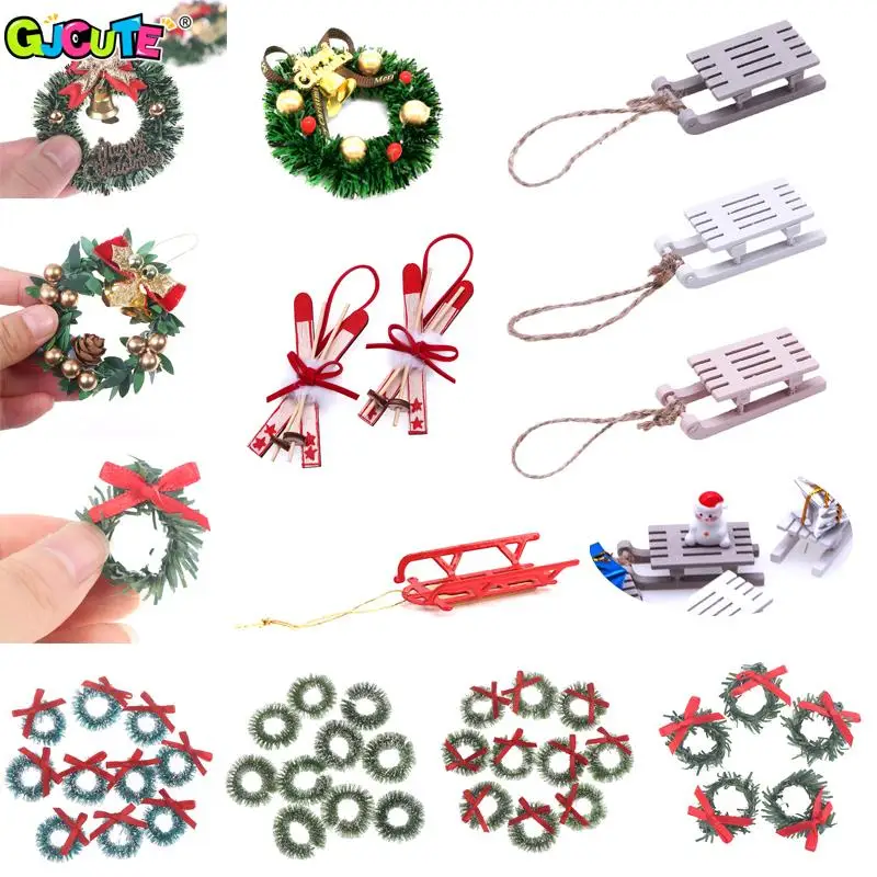 Dollhouse Miniature Christmas Garland Xmas Sleigh Wreath Home Decor Doll House Decorative Accessories Children Toys Kids Gift