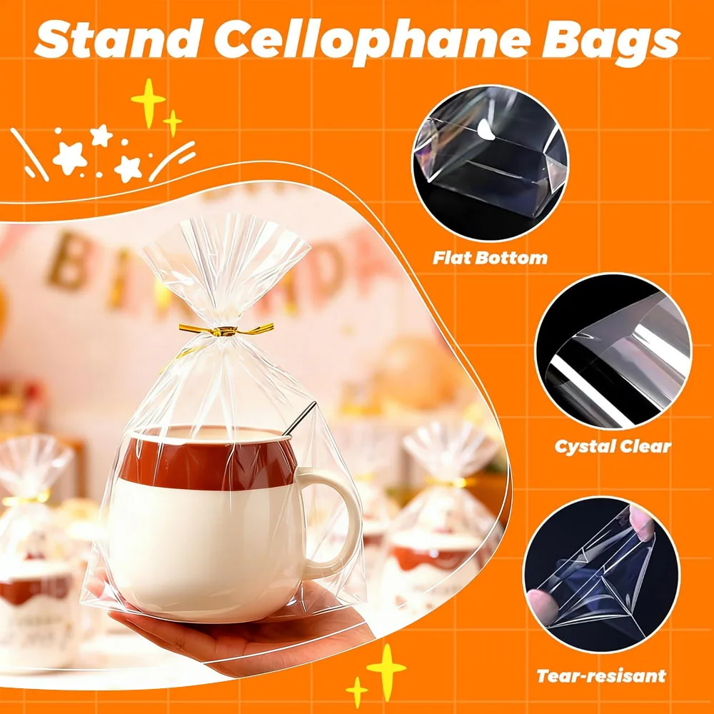 25/50 Stück transparente Cellophan-Geschenktüten mit Bodenfalte und goldenen Drehverschlüssen, Verpackung für Partygeschenke – Detail 4