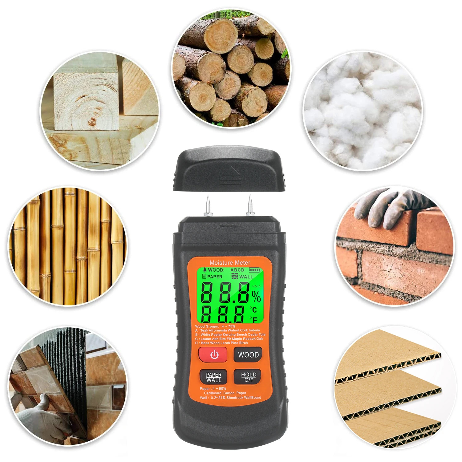 Digital Wood Moisture Meter MT02 Professional 0~99.9% 4-in-1 Timber Hygrometer Portable Tool LCD Display