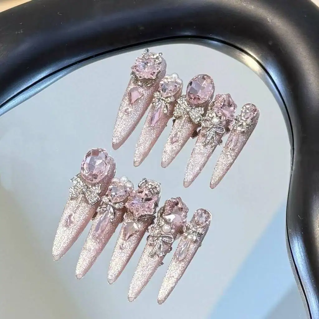 

Luxury Cat Eye Handmade Press On Nails Pink Stiletto Sweet Cool Removable Fake Nails 3D Glitter Diamond Pearl Long Tip Nail Art
