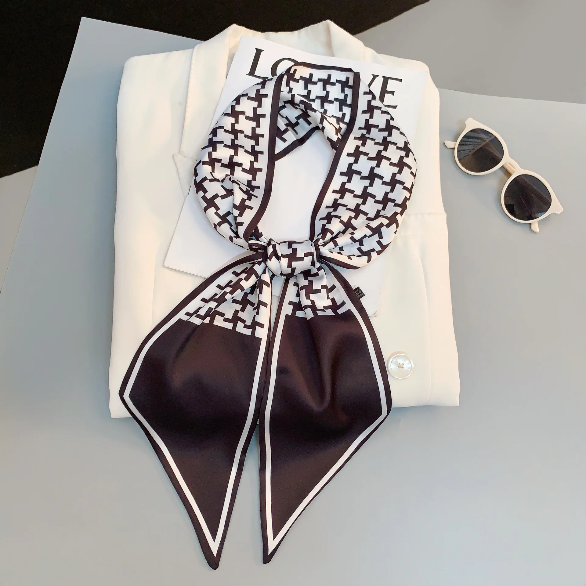 

Женский шелковистый шарф с принтом, шаль, роскошный дизайн, длинные узкие маленькие шелковые шарфы, женская повязка на голову, летний платок